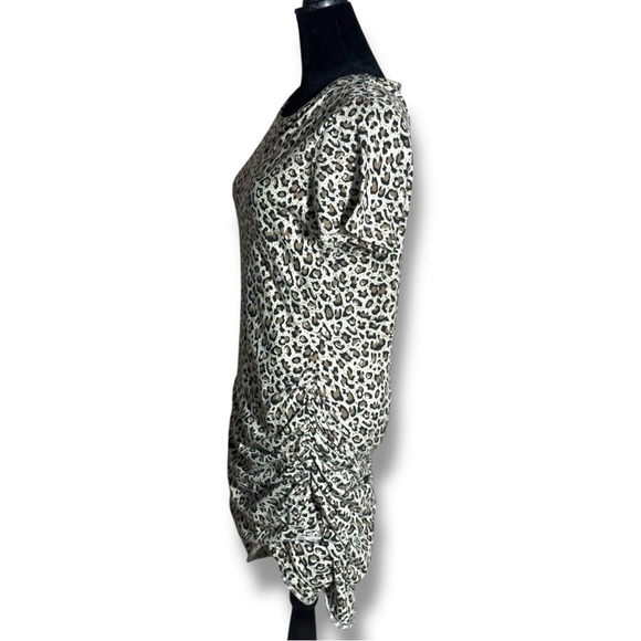 LA MIEL Brown/Black/White Leopard Print Bodycon Side Rouching T-Shirt Mini Dress - Picture 4 of 16